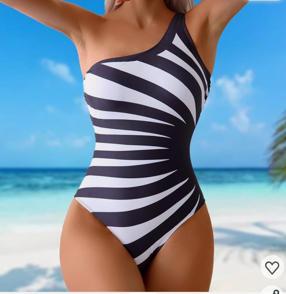 Black And White Striped 1 Piece Swimsuit